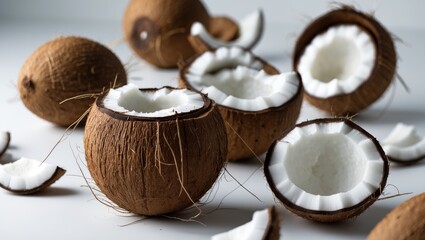 Set of isolated coconuts. Assortment of coconuts, their halves, and slices displayed on a white surface.