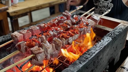 Lamb skewers being grilled over red flaming charcoals of a grilling grate