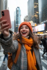 Beautiful young woman having much fun in New York. Cheerful adult tourist feeling happy and excited in Manhattan, USA.
