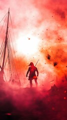 Fototapeta premium Epic battle silhouette of warrior at sunset with ships and red sky