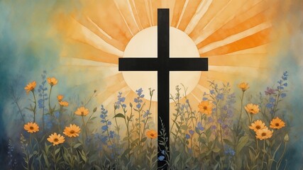 A black cross surrounded by colorful flowers, with a glowing sunburst in the background, set in a tranquil and uplifting landscape.