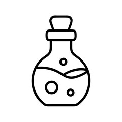 Potion bottle outline vector icon for alchemy magic and chemistry concepts with liquid and bubbles design 