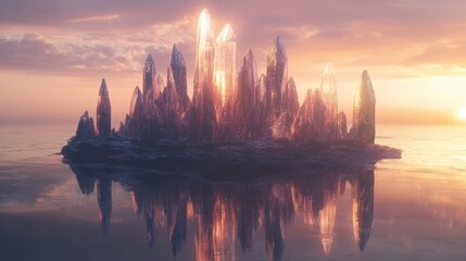 Naklejka premium Majestic Crystal Formation Rising from Calm Waters at Sunset with Vibrant Orange and Purple Skies Reflecting on a Mirror-like Surface