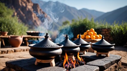 A classic tagine simmering over an open flame in the peaceful mountains. The popping fire, the breathtaking mountain scenery, and the rich flavors of the meal.
