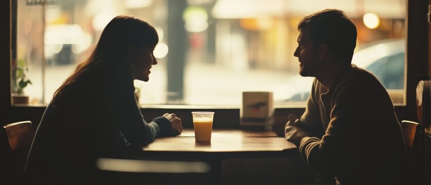 Two people engage in a heartfelt conversation across a cafe table, with blurred city lights creating a soft, intimate ambiance.