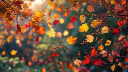 Leaves of different colors sway softly in the refreshing breeze, enlivening the garden while sunlight streams through the branches.