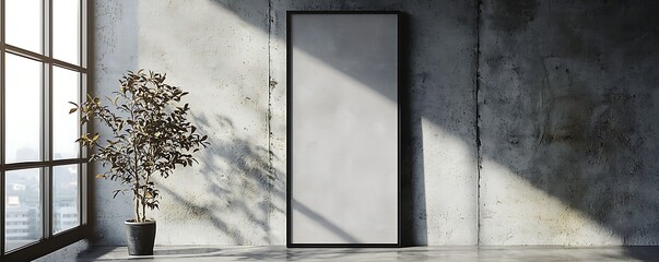 Industrial loft wall mockup showcasing a vertical black metal frame against a concrete backdrop