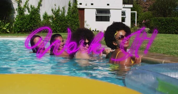 Women in swimming pool with Indie XO animation text in pink over scene