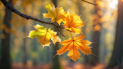 Obraz premium stunning portrayal of autumn leaves on a tree, featuring dominant vibrant yellow shades. A handful of green leaves remain, with a soft-focused backdrop hinting at a forest environment.