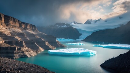 Obraz premium Glacial lake with surrounding earth and ice structures
