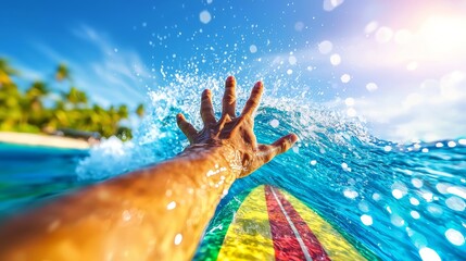 Embracing the Surf: Reaching Hand Near Surfboard in Majestic Ocean View - Authentic Surf Lifestyle Moment , with Copy Space