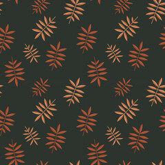 Autumn Leaf Pattern: Seamless Vector on Dark Gray. A repeating pattern of stylized autumn leaves in warm orange and brown tones on a dark gray background.