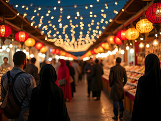 A Vibrant Marketplace Scene, People Strolling Beneath a Canopy of Glowing Lanterns in a High Resolution, Professionally Captured Stock Photo that evokes a sense of cultural richness