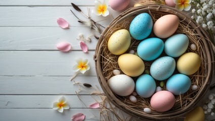 Easter-themed background displaying eggs and flowers. Overhead view with area for content.