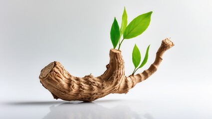 Fototapeta premium Dried Ginseng alongside green leaves against a white surface.