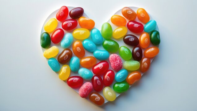 Heart shaped from candy with a white background. The bright jelly bean heart. A tasty treat.