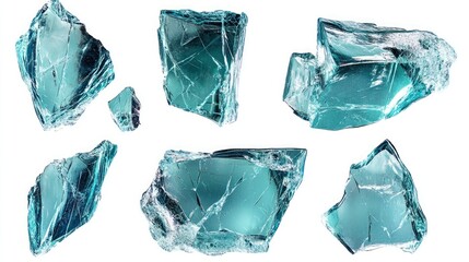 Naklejka premium Fractured Elegance: Six Unique Blue-Green Glass Pieces, Each with Distinct Crack Patterns, Highlighting Transparency, Texture, and Reflective Details on a Neutral Surface