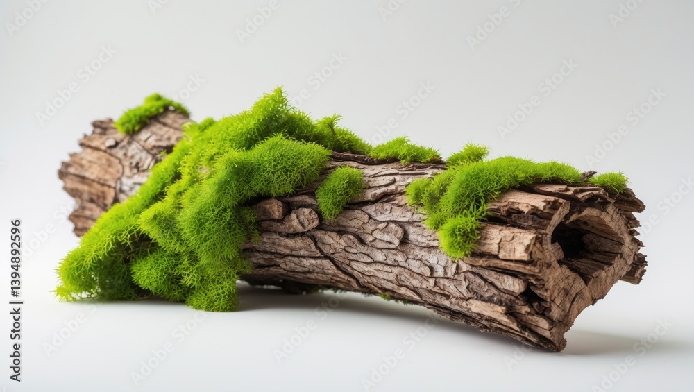 Poster tree bark covered in green moss on a plain white background