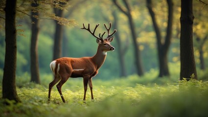 In the midst of the woods, a roe deer stands with sparse green vegetation. A stunning buck during the rutting season among the trees.