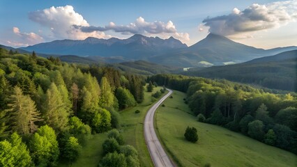 Fototapeta premium aerial view of countryside road passing through