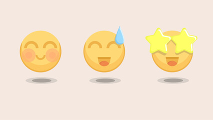 Expressive Smiley Icons: Blushing, Anxious, Excited Vector. A collection of three vector emoji graphics depicting happiness with blush, nervous laughter, and amazed star eyes.