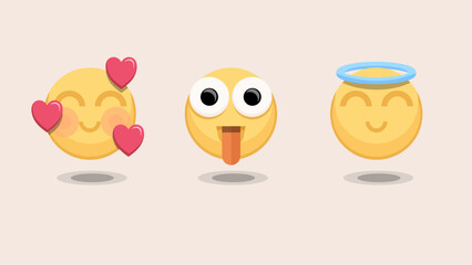 Expressive Emoji Icons: Hearts, Tongue, Halo on Light. A collection of three vector emoji graphics depicting love, silly fun, and serene innocence.