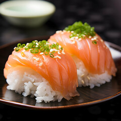 Sushi, two pieces of salmon sashimi on rice balls with pale yellow cream and some green onion strips sprinkled above them,