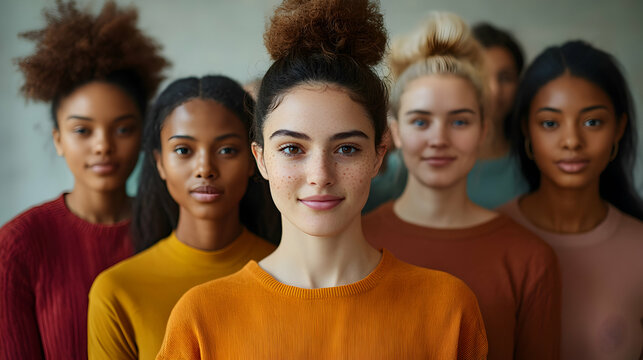 Group of diverse young women standing confidently together in casual autumn outfits, expressing unity, individuality, empowerment