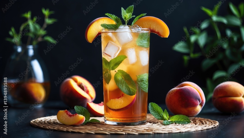 Poster chilled peach tea with mint served in a tall glass. vegan cold summer refreshment on a dark surface 