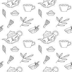 Green tea and matcha seamless pattern, hand drawing, vector illustration