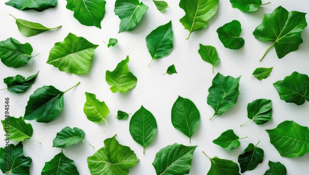 Poster white background featuring green leaves and leaf branches from a top view perspective.