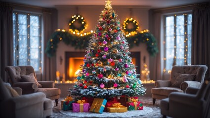 Fototapeta premium Cozy living room with Christmas tree, holiday decor for winter, presents under ornaments with a defocused background.