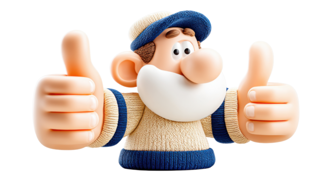 A quirky handcrafted figurine of a friendly cartoon character enthusiastically giving a thumbs up in an encouraging and supportive expression
