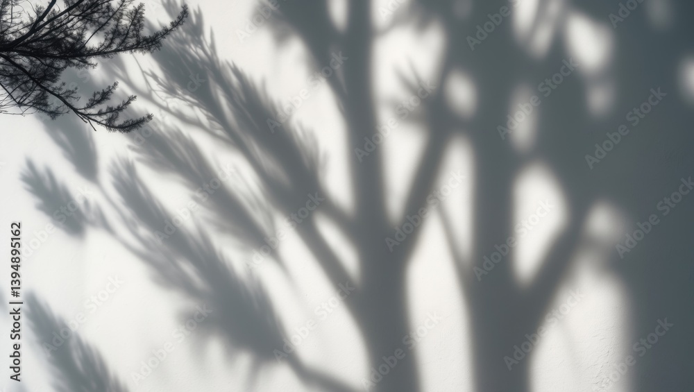 Poster white wall adorned with the gray shadow of a pine tree branch.