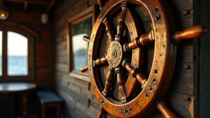 Obraz premium The traces of time on the retro maritime steering wheel