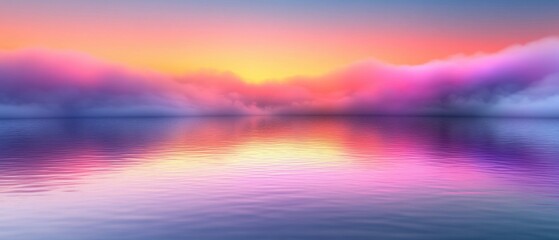 Fototapeta premium Ethereal lake landscape reflecting vibrant sunset hues with soft clouds and serene water creating a tranquil and dreamy atmosphere for peaceful contemplation