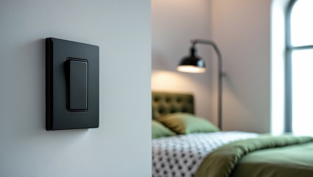 Zoomed-in image of a contemporary black matte light switch on a white wall, with a bed and a metal lamp out of focus in the background, highlighting an electrical design in a trendy minimalistic loft - Powered by Adobe