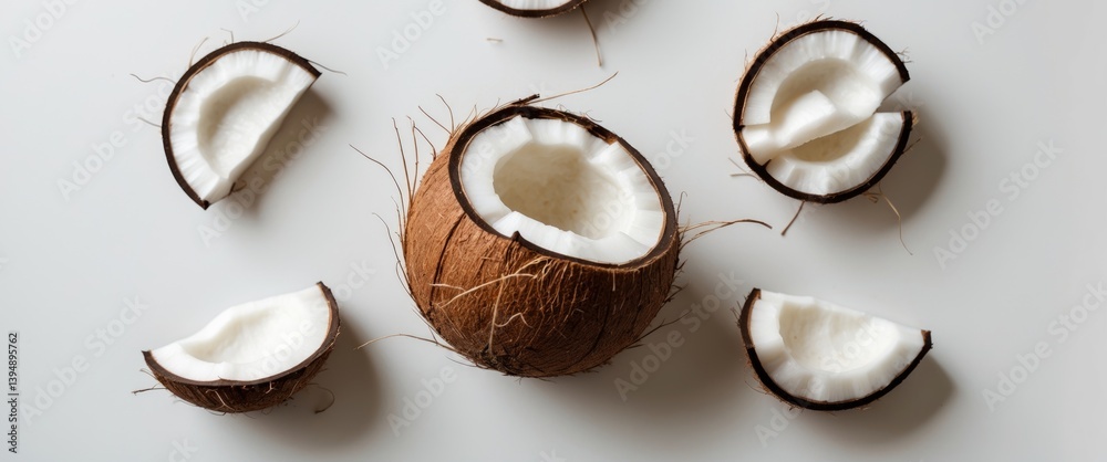 Poster white background featuring a half coconut from a top view