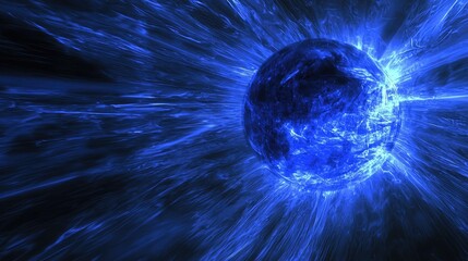 A cyber-inspired blue planet with radiating energy beams, symbolizing global influence