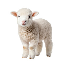 Cute and fluffy newborn white lamb standing curiously in a lush green grassy field with a peaceful serene landscape