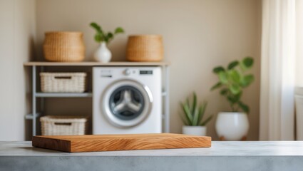 Vacant wooden surface with a blurred laundry room in the background