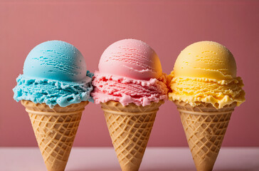 Three vibrant ice cream cones, presented against a soft background. Each cone has a scoop of different flavors. The image shows a close-up of the cold dessert.