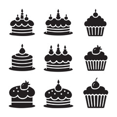 black silhouette cake and dessert icon set featuring cupcakes, birthday cakes, pies.