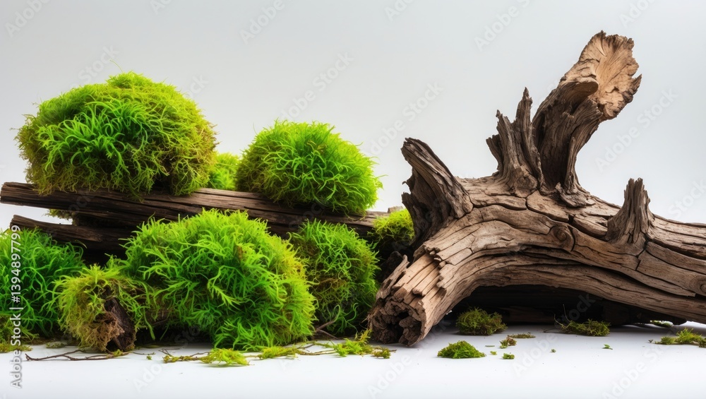 Poster old rotten tree with green moss against a white backdrop and texture