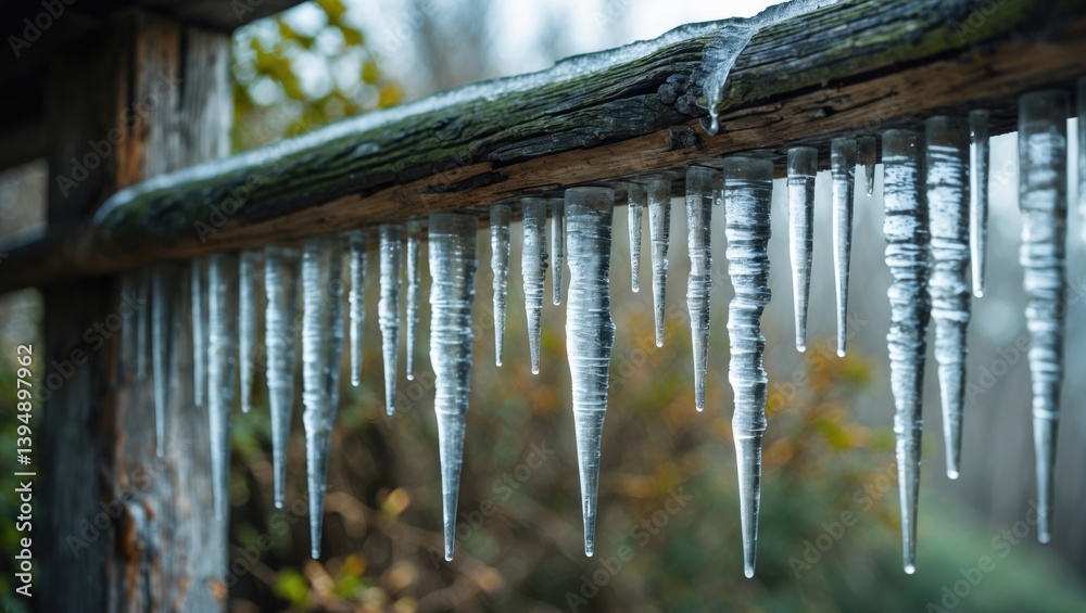 Poster Close-up perspective of icicles hanging from a building, with clear layers of growth. The depth of field sharpens the foreground and creates a blurred background enhanced by vegetation.