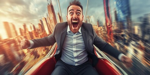 Businessman ride fast pace on roller coaster in amusement park. Frightened entrepreneur facing business setbacks, illustrating the emotional rollercoaster of entrepreneurship.