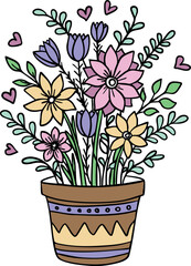 Colorful flower pot illustration. Hand drawn detailed botanical vector illustration