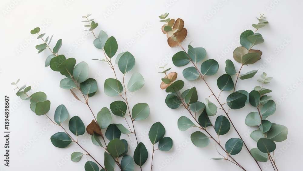 Poster top view of green eucalyptus leaves framing a banner on a white background with copy space.