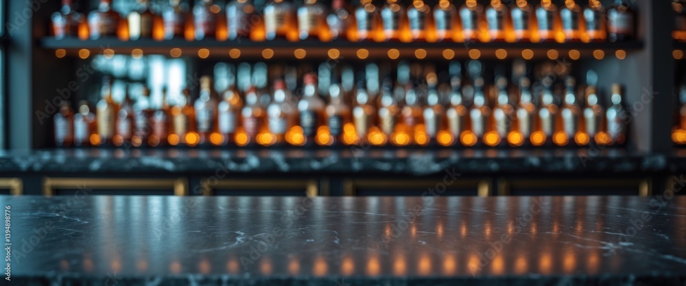 Aufkleber grey tabletop with stunning bokeh shelves featuring alcohol bottles in the background. bar theme.