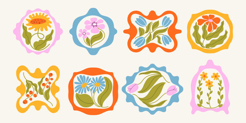 Obraz premium Colorful floral frame illustration set. Vintage style flower design collection. Hand drawn spring blooms in abstract borders. Geometric decorative elements for cards, posters, packaging, social media